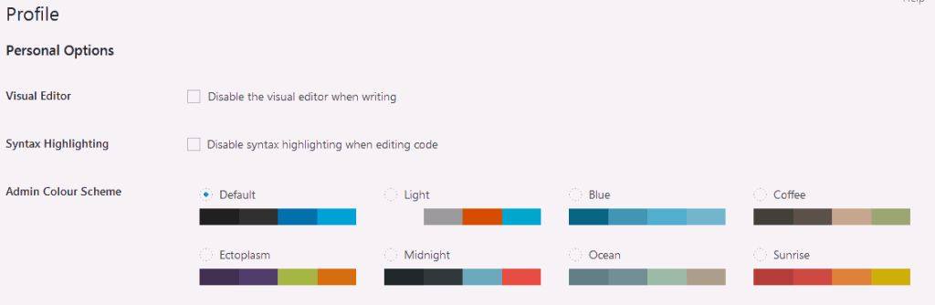 WordPress admin dashboard profile options to change the default admin color scheme