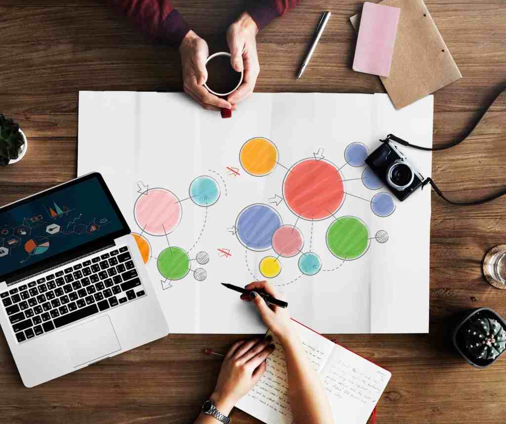How To Add Pinterest Images To WordPress Header Image Of Laptop With Large Paper Spread With Multi Coloured Circle Diagrams