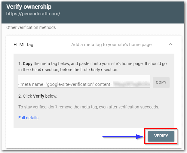 When Set Up Click On Verify To Confirm Set Up Of Google Search Console For Your WordPress Blog