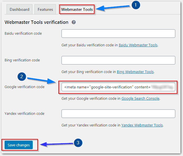Yoast Seo Webmaster Tools Tab To Access Html Tag Area To Put Code For Google Search Console