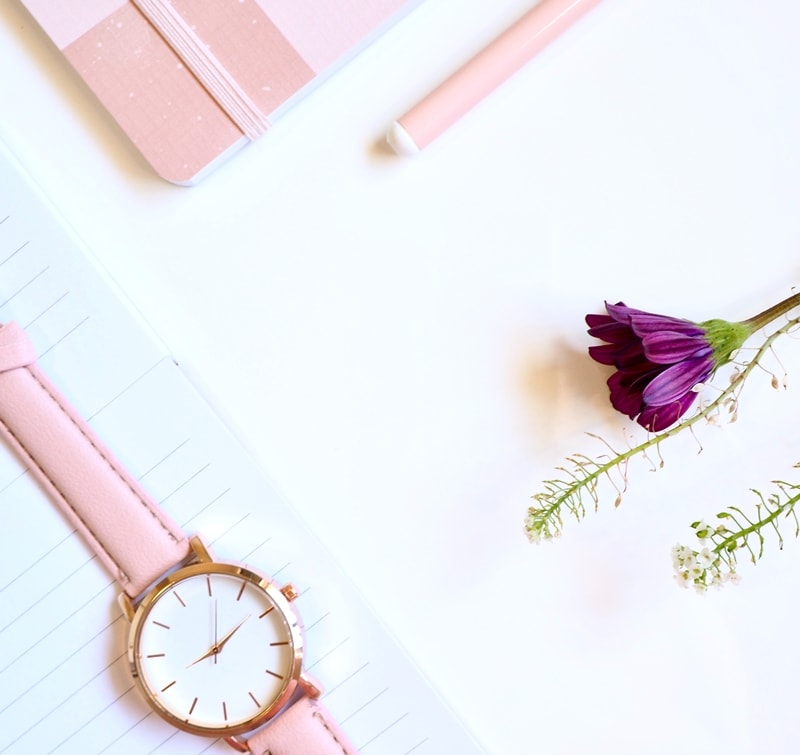 Feminine Pink Watch With Purple Flower Notebook And Pen