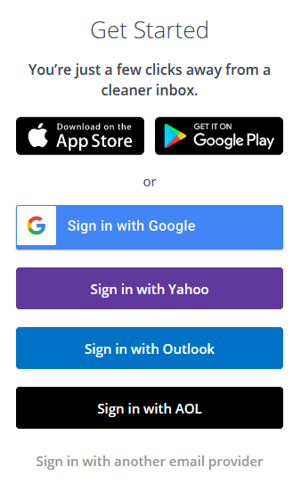 Unroll.me sign up screen with different email providers listed for google mail, outlook, AOL etc