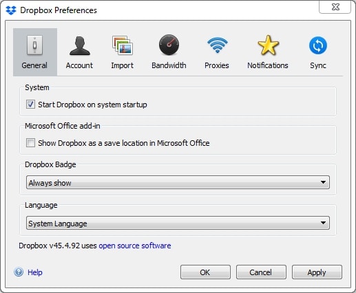 Dropbox Preferences General window
