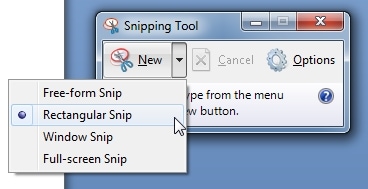 Windows Snipping Tool screenshots size menu