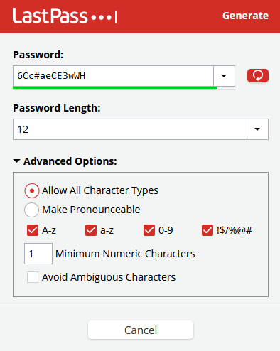 LastPass generate strong password options