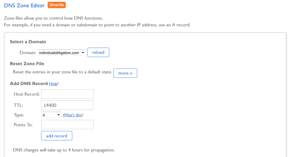 Email Authentication in Bluehost - The DNS Zone Editor form with fields to add new records