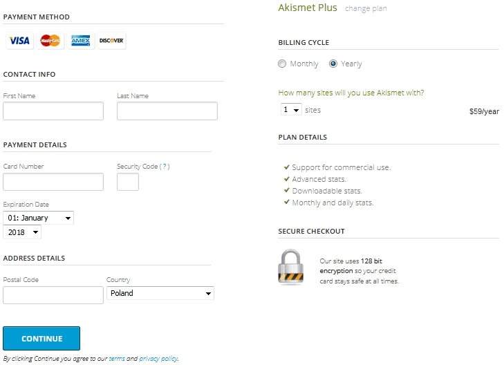 WordPress spam plugin Akismet paid plus plans screen for entering payment details