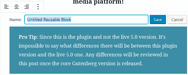 Screen to give the wordpress gutenberg reusable blocks a name and save it