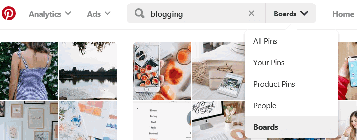Pinterest group boards search bar drop down list to filter pinterest boards