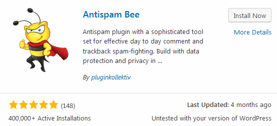 WordPress plugin Antispam Bee install screen from with the WordPress plugins screen