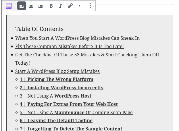 Example Of The WordPress Table Of Content Block Plugin