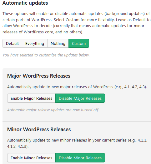 Wordpress Easy Updates Manager Additional Settings For Each Type Of Update Including Major And Minor
