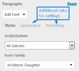 Easy Google Fonts Tabs For Styles Appearance And Positioning Settings For WordPress Fonts
