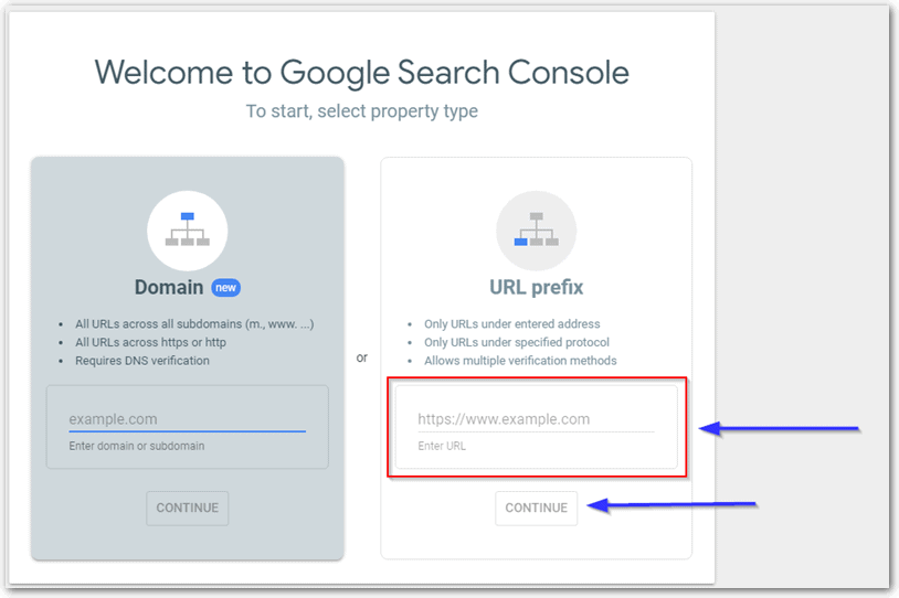 Using Welcome To Google Search Console Screen To Select Url Prefix Or Domain