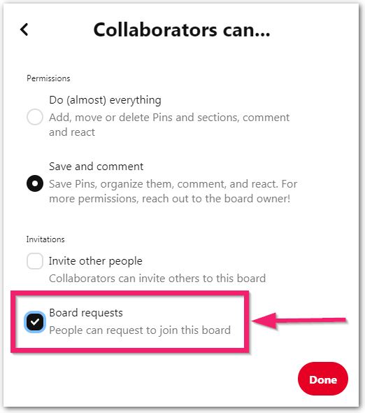 Tick Box For Enabling Board Requests For Pinterest Boards